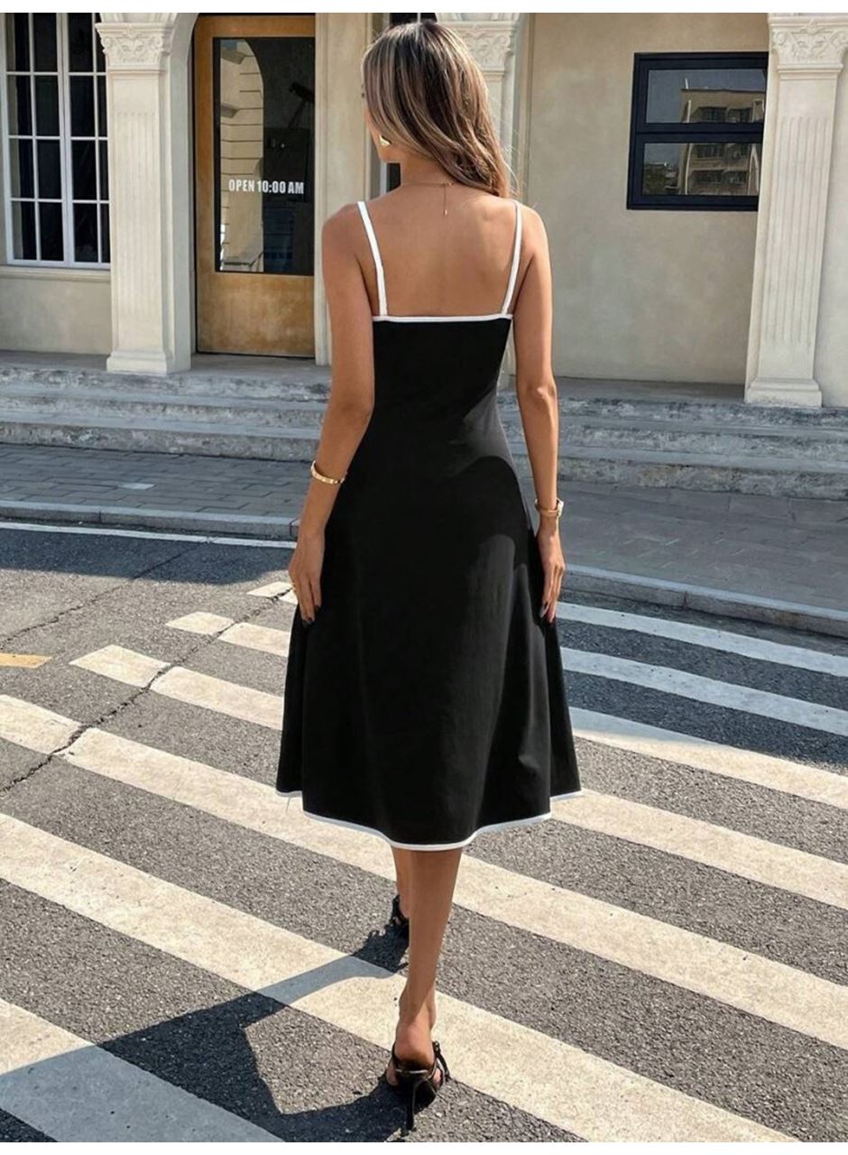 Kadın Ip Askılı Geniş V Yakalı Midi Janjan Krep Elbise