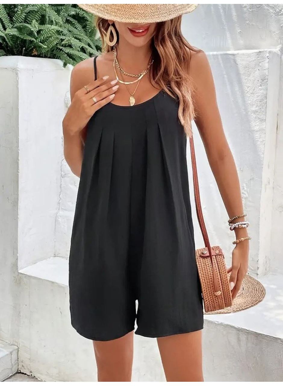 Kadın Ip Askılı Yuvarlak Yakalı Pileli Viskon Tulum