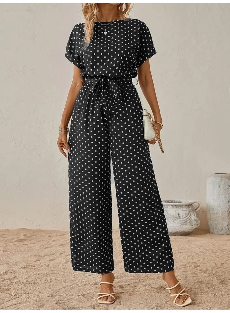 Kadın Kısa Kollu Kayık Yaka Belden Kuşaklı örme Krep Tulum