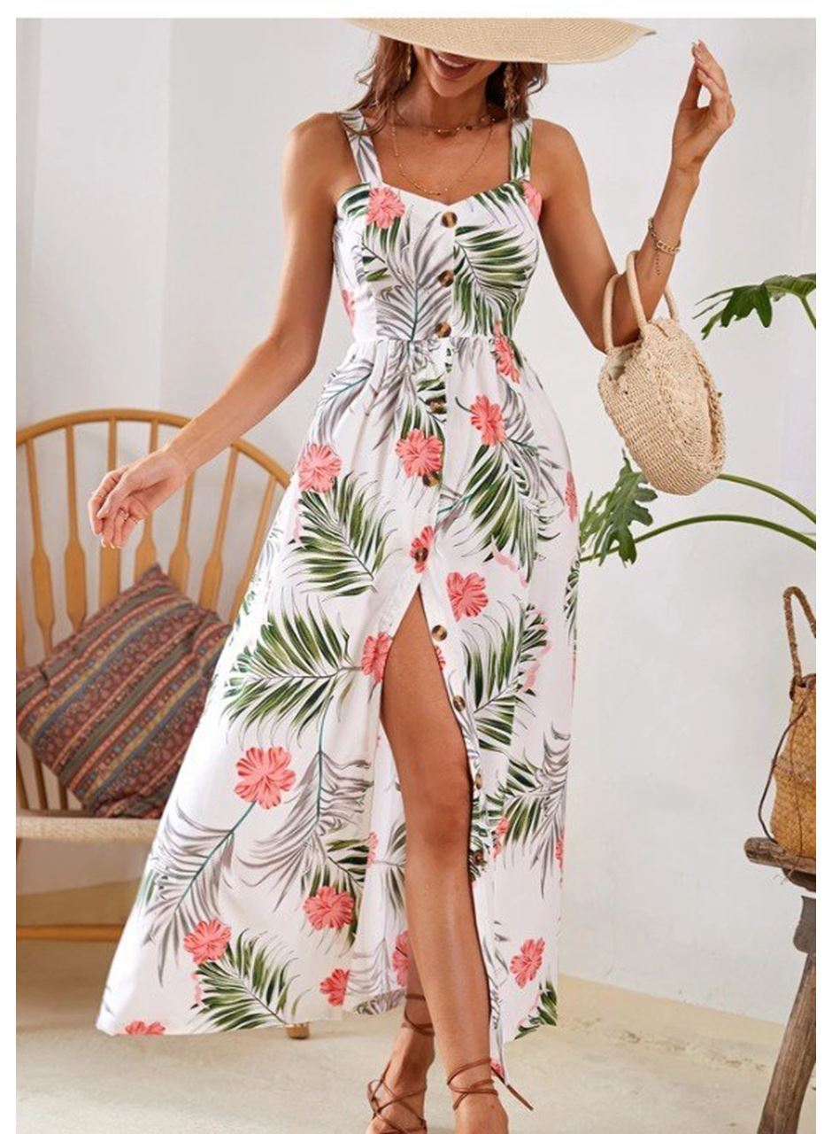 Kadın Askılı önden Düğmeli Yaprak Desenli Uzun Süprem Elbise