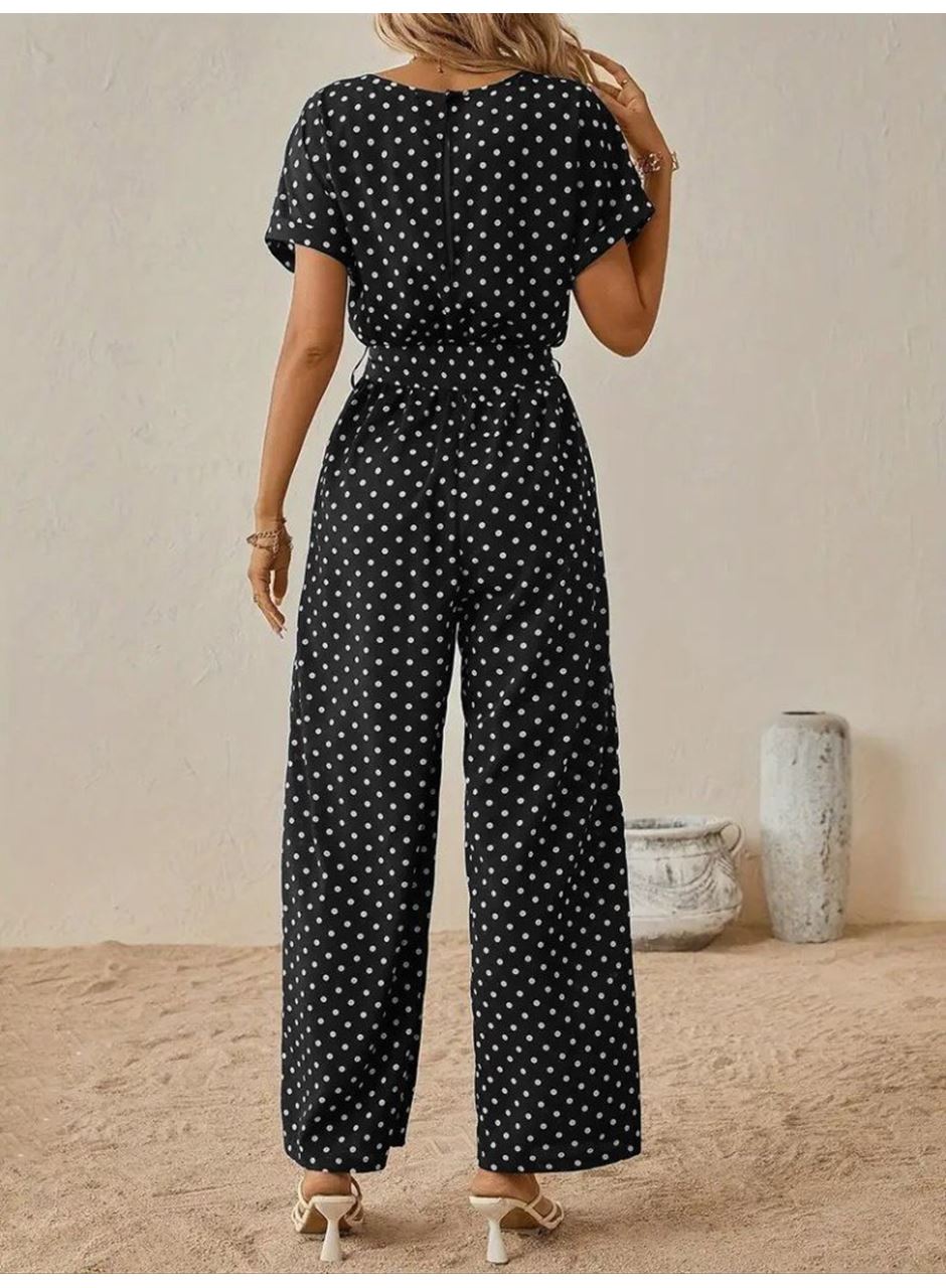 Kadın Kısa Kollu Kayık Yaka Belden Kuşaklı örme Krep Tulum