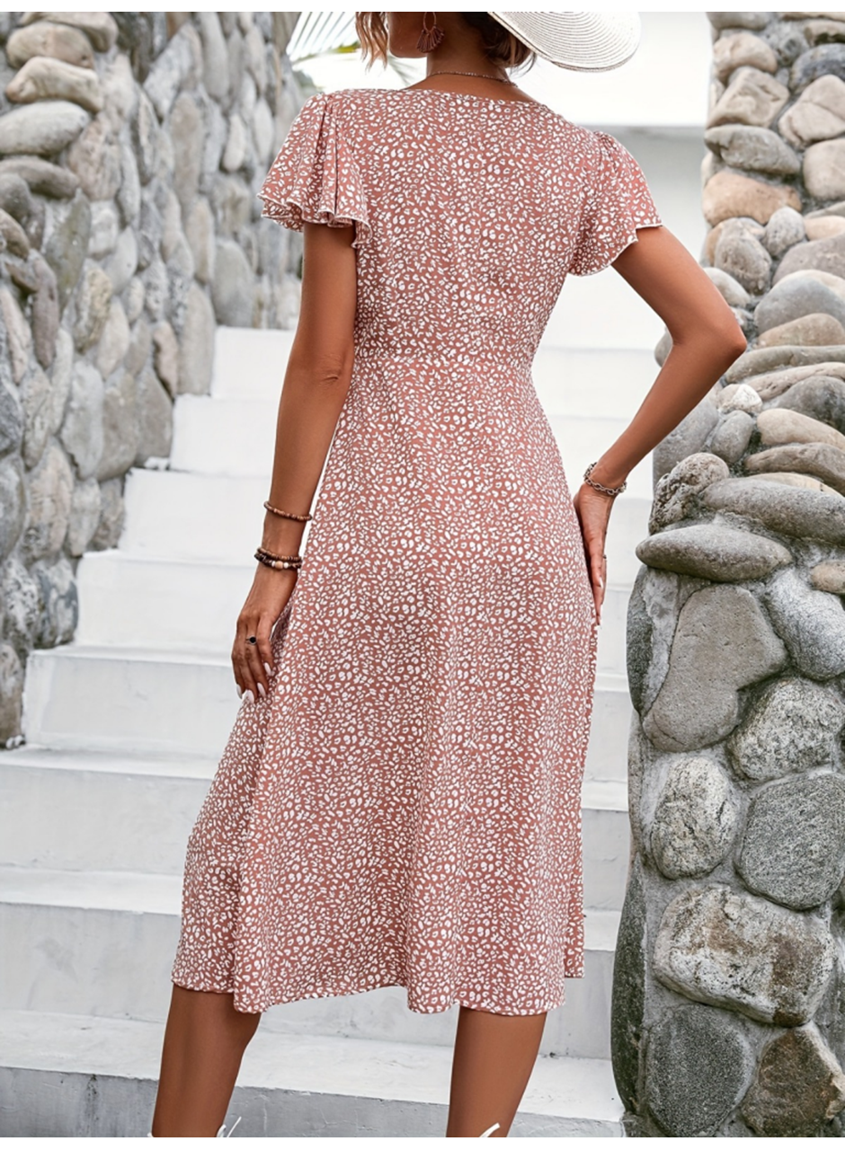 Kadın Kısa Kollu önü Düğmeli Volanlı Minik Leopar Desen Midi Viskon Elbise