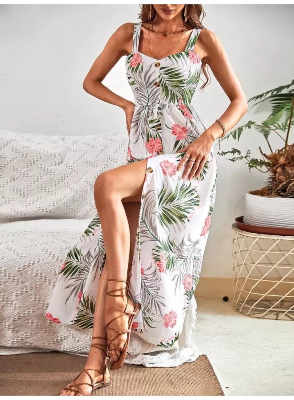 Kadın Askılı önden Düğmeli Yaprak Desenli Uzun Süprem Elbise