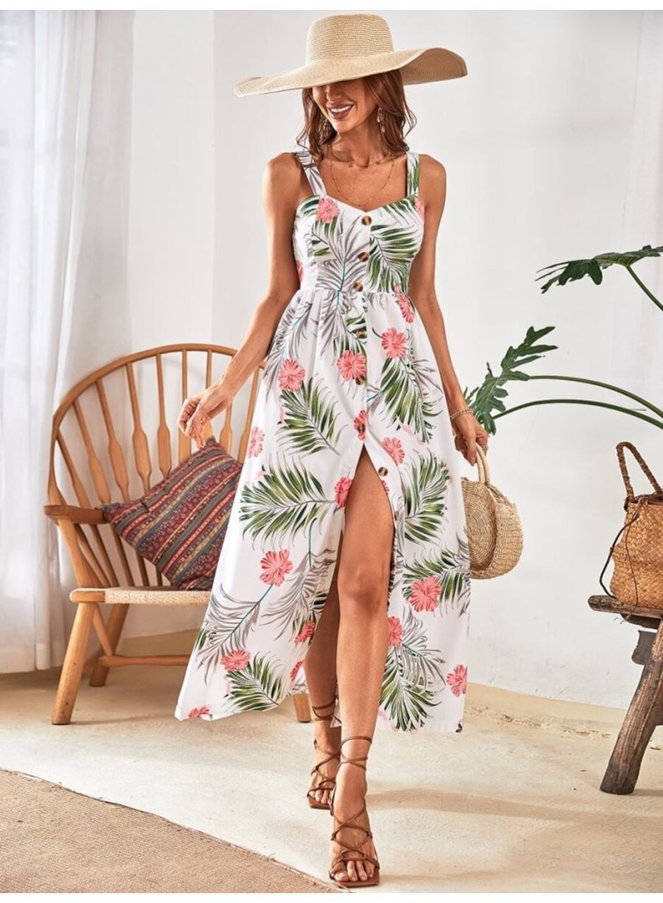 Kadın Askılı önden Düğmeli Yaprak Desenli Uzun Süprem Elbise