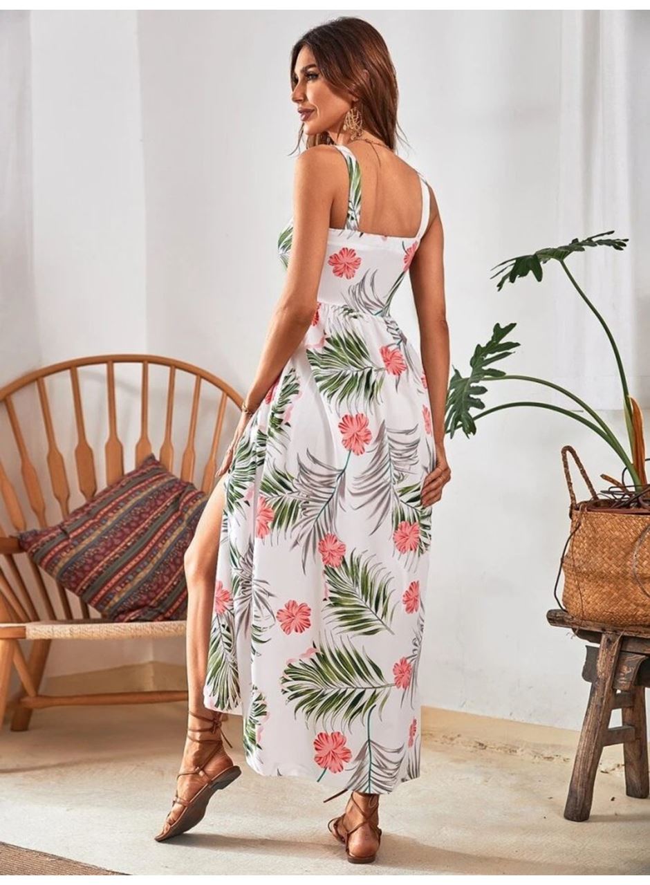 Kadın Askılı önden Düğmeli Yaprak Desenli Uzun Süprem Elbise