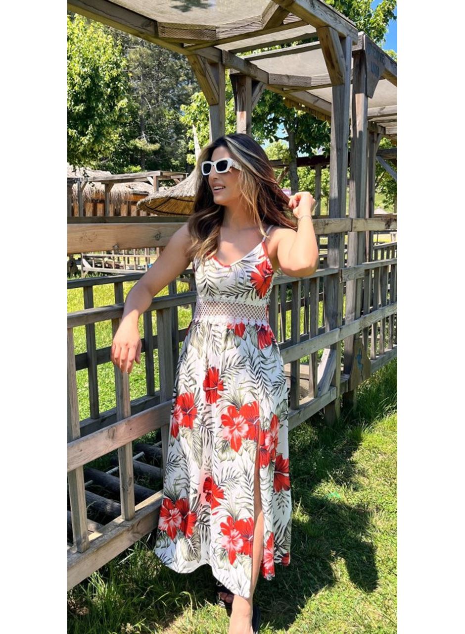 Kadın Ip Askılı V Yakalı Bel Güpür çiçek Desenli Yandan Yırtmaçlı Maksi Süprem Elbise