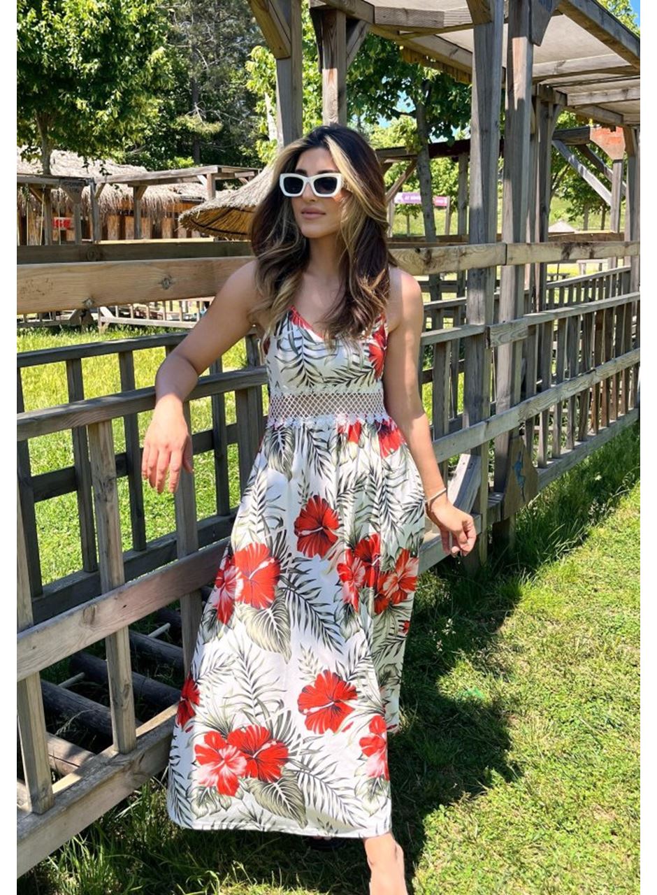 Kadın Ip Askılı V Yakalı Bel Güpür çiçek Desenli Yandan Yırtmaçlı Maksi Süprem Elbise