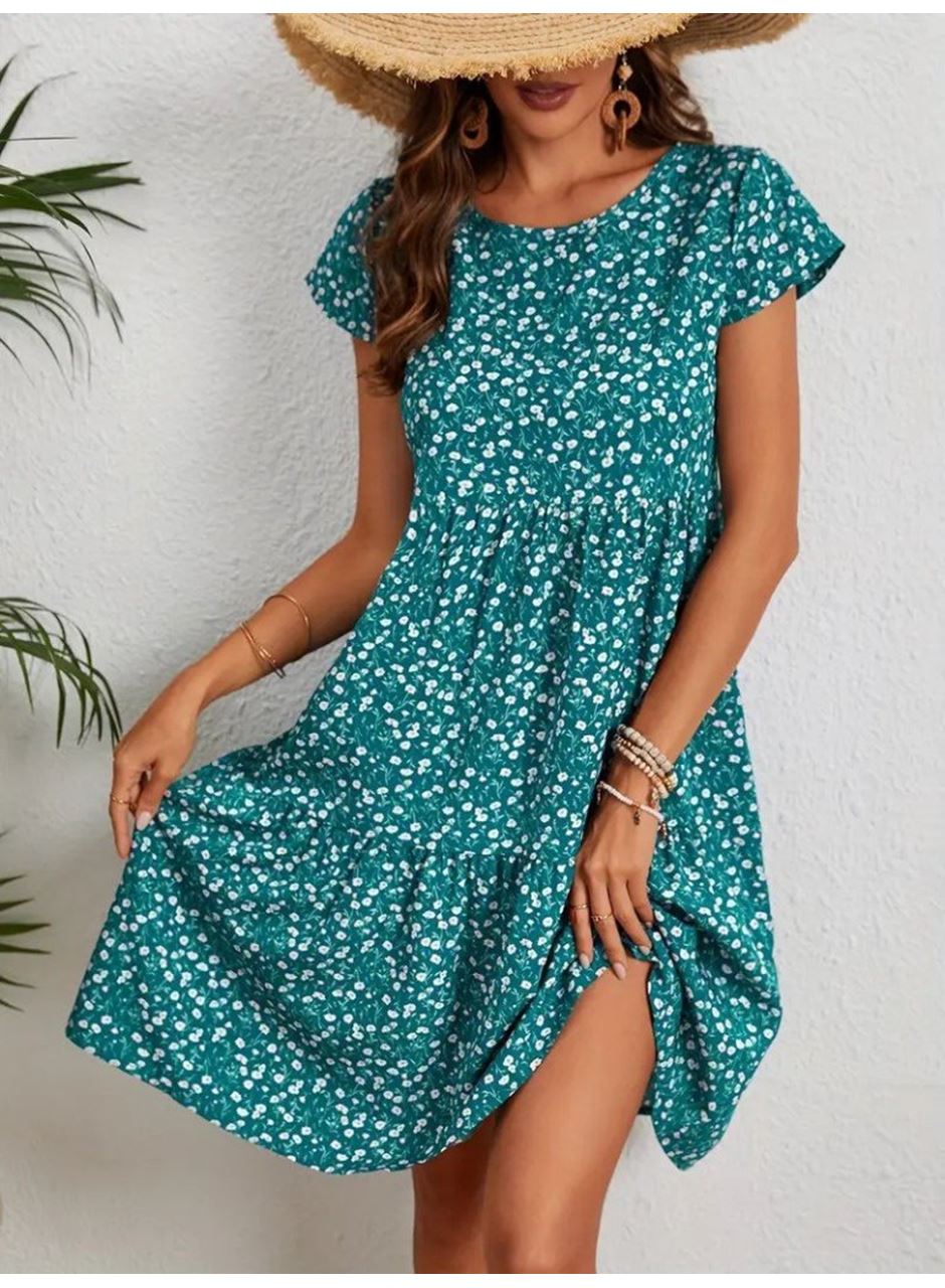 Kadın Kısa Kollu Bisiklet Yaka çiçek Desenli Süprem Elbise