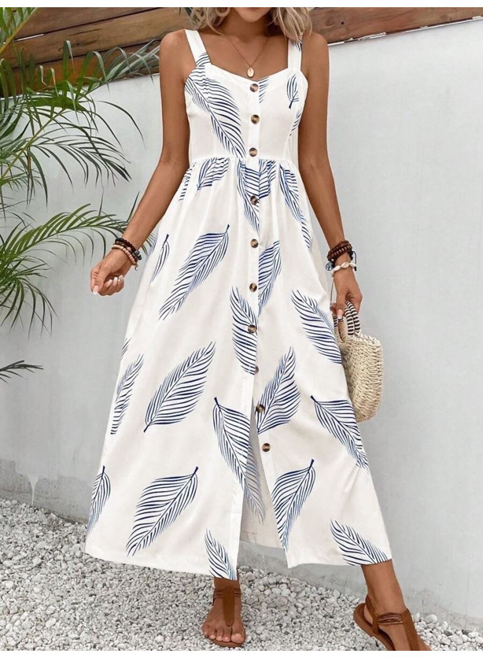 Kadın Askılı önden Düğmeli Yaprak Desenli Uzun Süprem Elbise