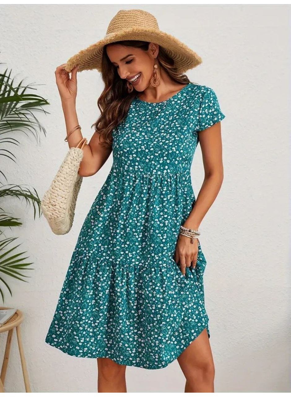 Kadın Kısa Kollu Bisiklet Yaka çiçek Desenli Süprem Elbise