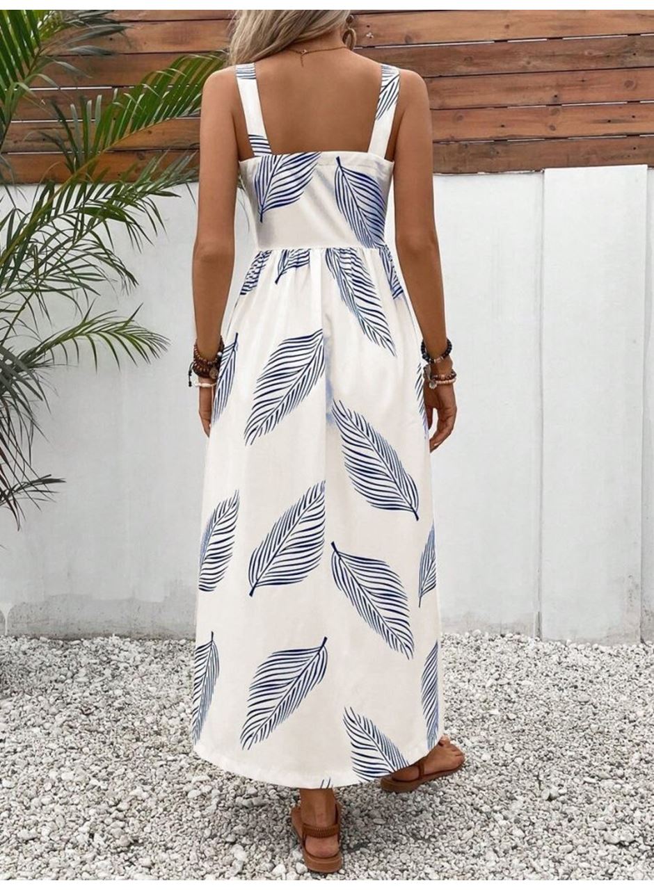 Kadın Askılı önden Düğmeli Yaprak Desenli Uzun Süprem Elbise