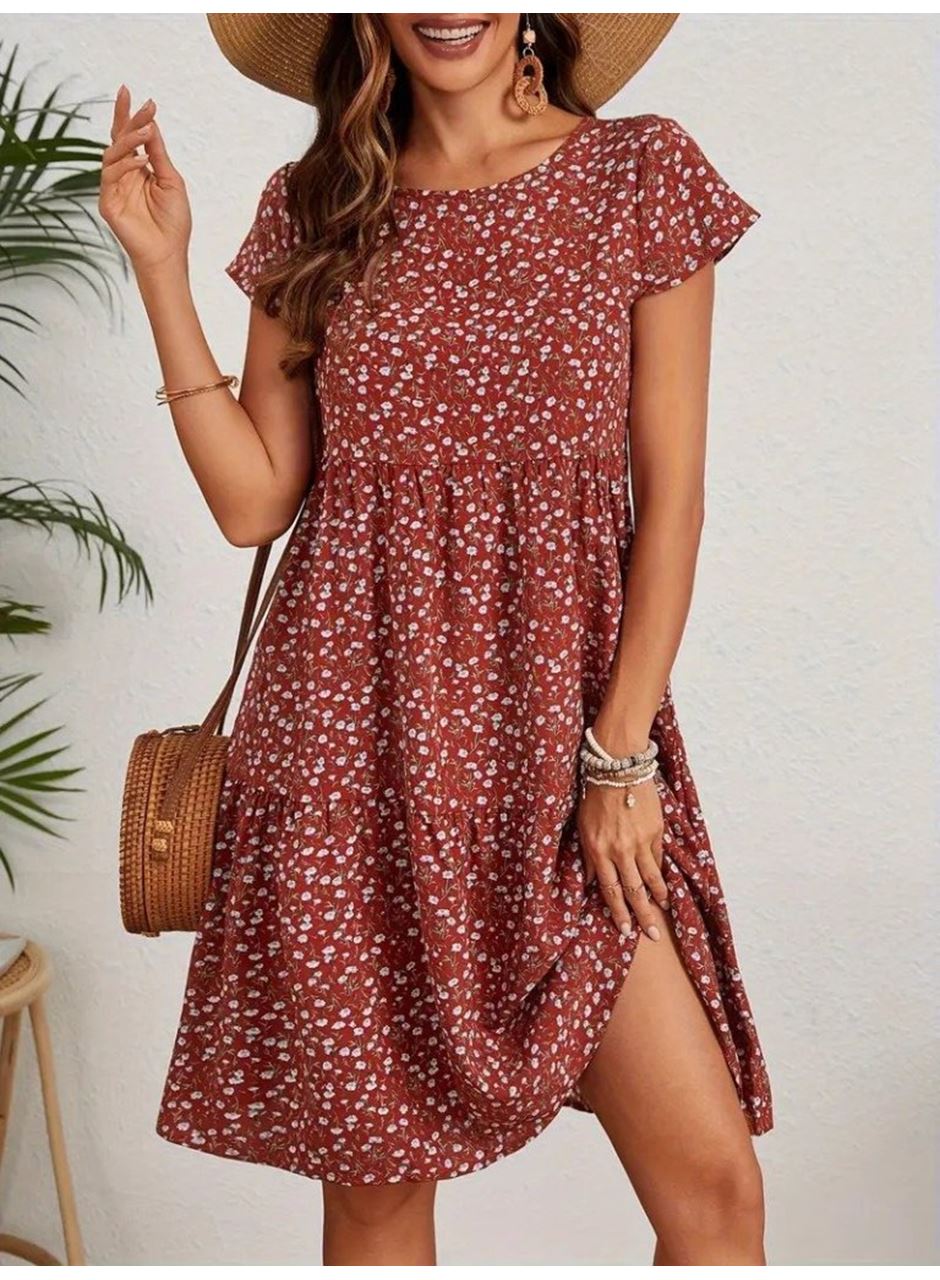 Kadın Kısa Kollu Bisiklet Yaka çiçek Desenli Süprem Elbise