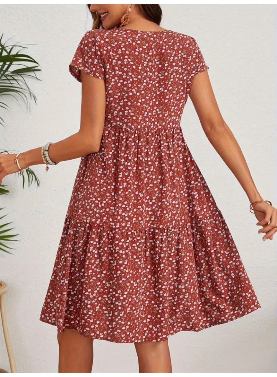 Kadın Kısa Kollu Bisiklet Yaka çiçek Desenli Süprem Elbise