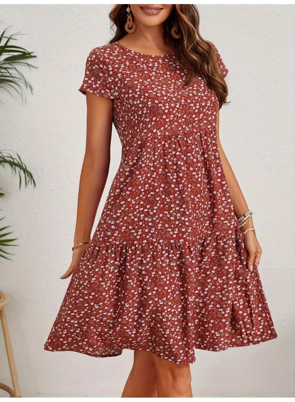 Kadın Kısa Kollu Bisiklet Yaka çiçek Desenli Süprem Elbise