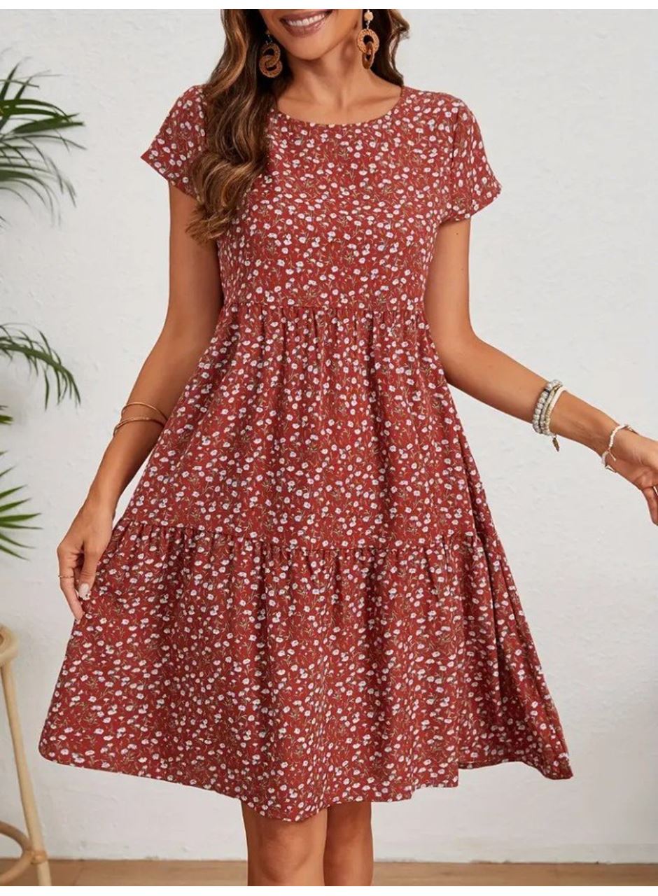 Kadın Kısa Kollu Bisiklet Yaka çiçek Desenli Süprem Elbise