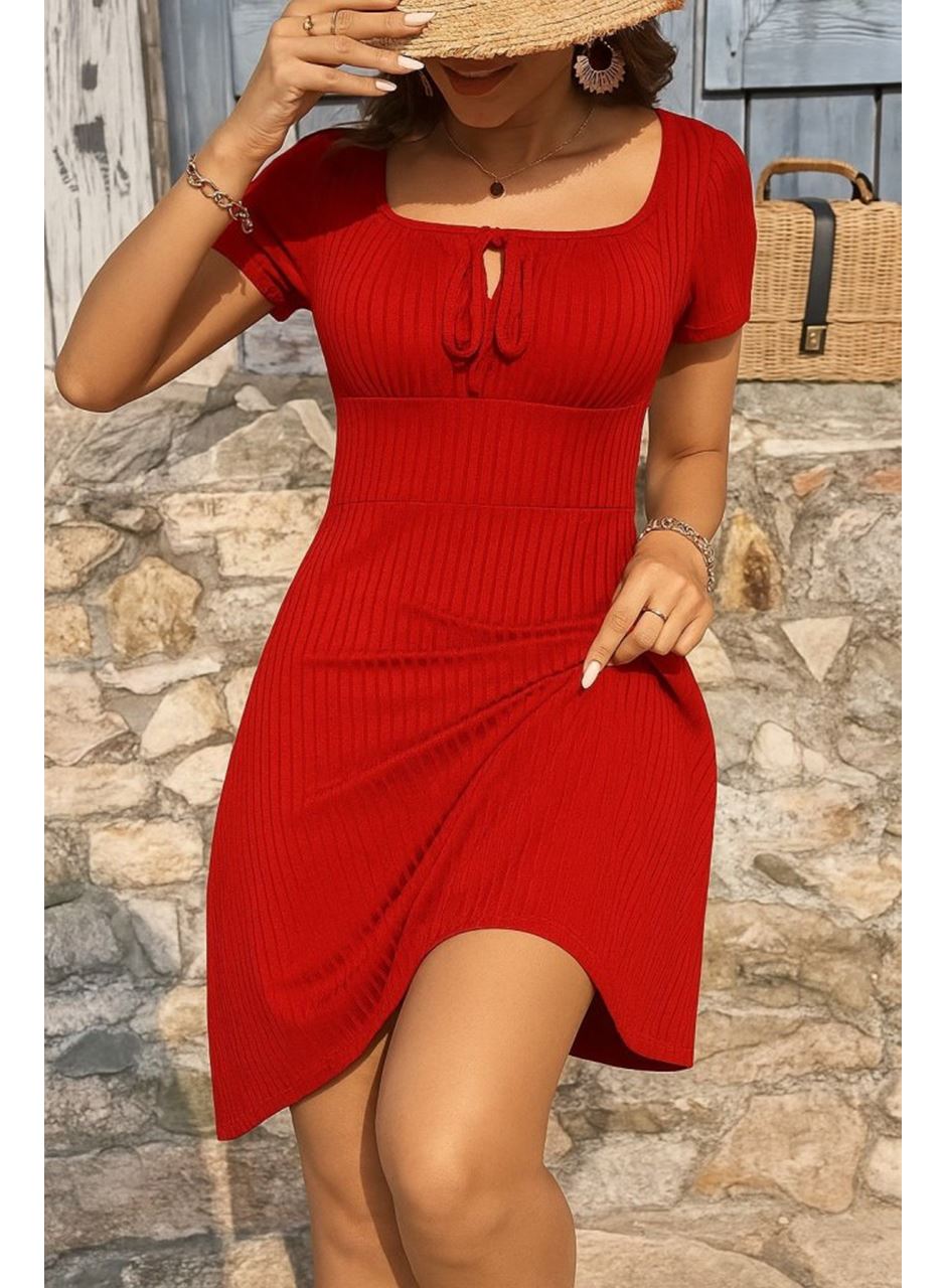 Kadın Kısa Kollu Kare Yakalı Bağcıklı Kaşkorse Elbise