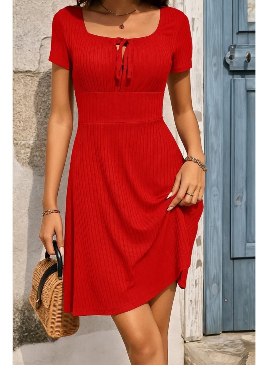 Kadın Kısa Kollu Kare Yakalı Bağcıklı Kaşkorse Elbise