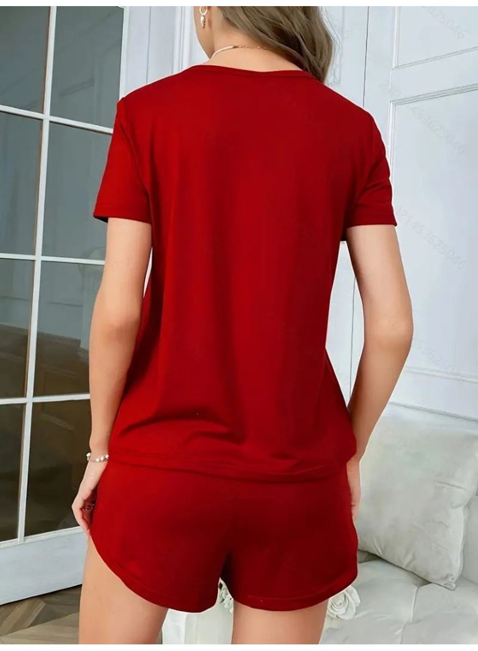 Kadın Kısa Kollu Bisiklet Yaka Baskılı Viskon Bluz Ve şort Ikili Takım