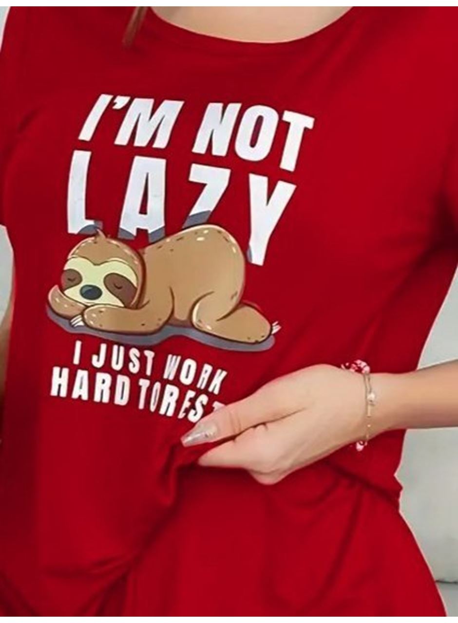 Kadın Kısa Kollu Bisiklet Yaka Baskılı Viskon Bluz Ve şort Ikili Takım