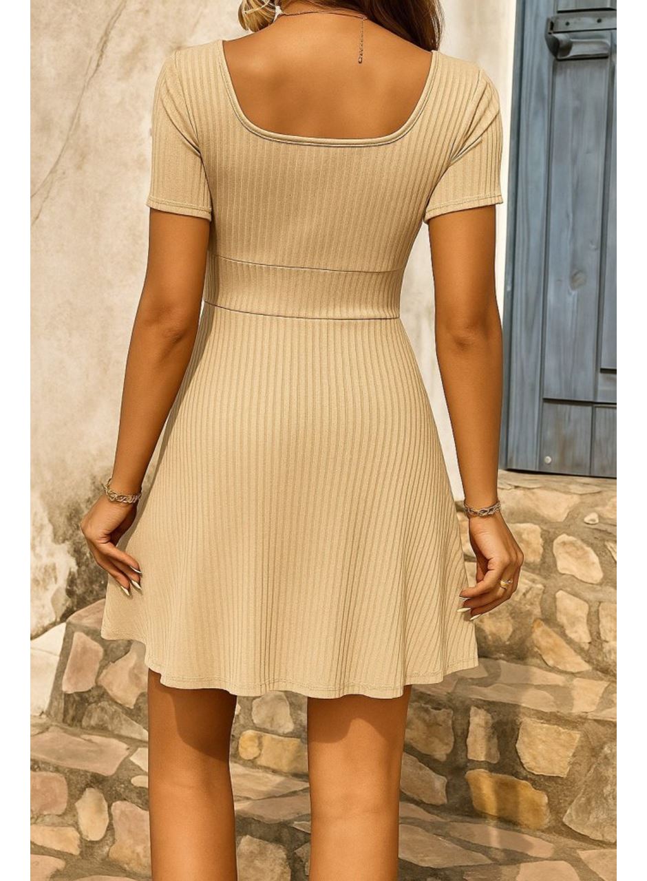 Kadın Kısa Kollu Kare Yakalı Bağcıklı Kaşkorse Elbise