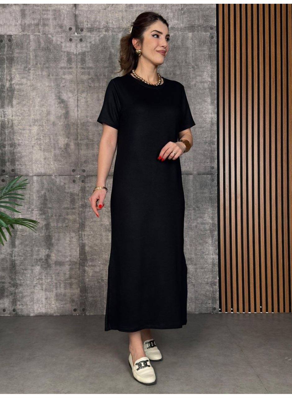 Kadın Kısa Kollu Bisiklet Yaka Yırtmaçlı Viskon Iki Iplik Elbise