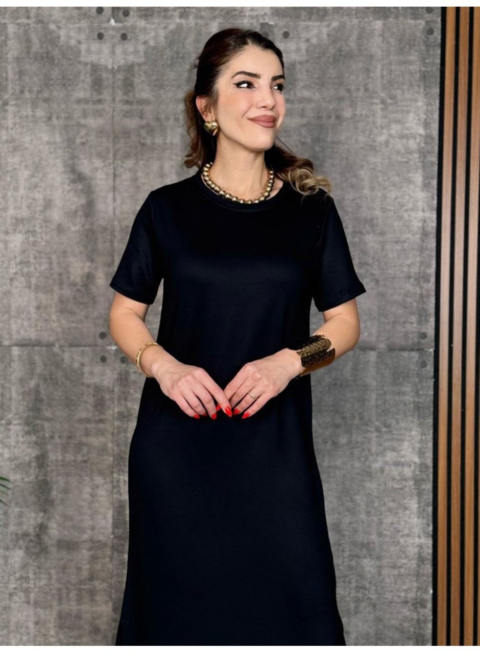 Kadın Kısa Kollu Bisiklet Yaka Yırtmaçlı Viskon Iki Iplik Elbise