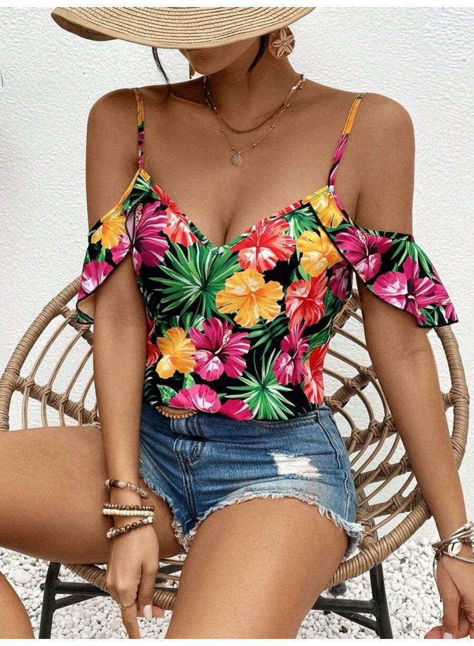 Kadın Askılı Omuzlardan Açık çiçek Baskılı Bluz