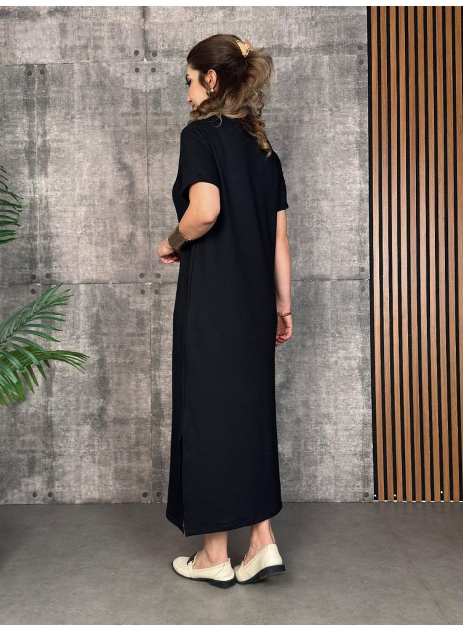 Kadın Kısa Kollu Bisiklet Yaka Yırtmaçlı Viskon Iki Iplik Elbise