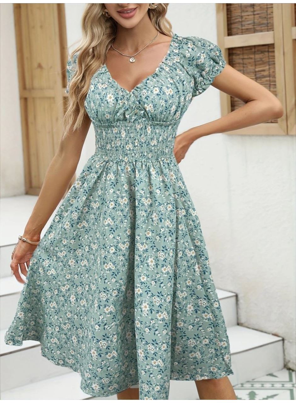 Kadın Kısa Kollu Kruvaze Yaka Lastikli Belden Gipeli çiçek Desenli Suprem Elbise