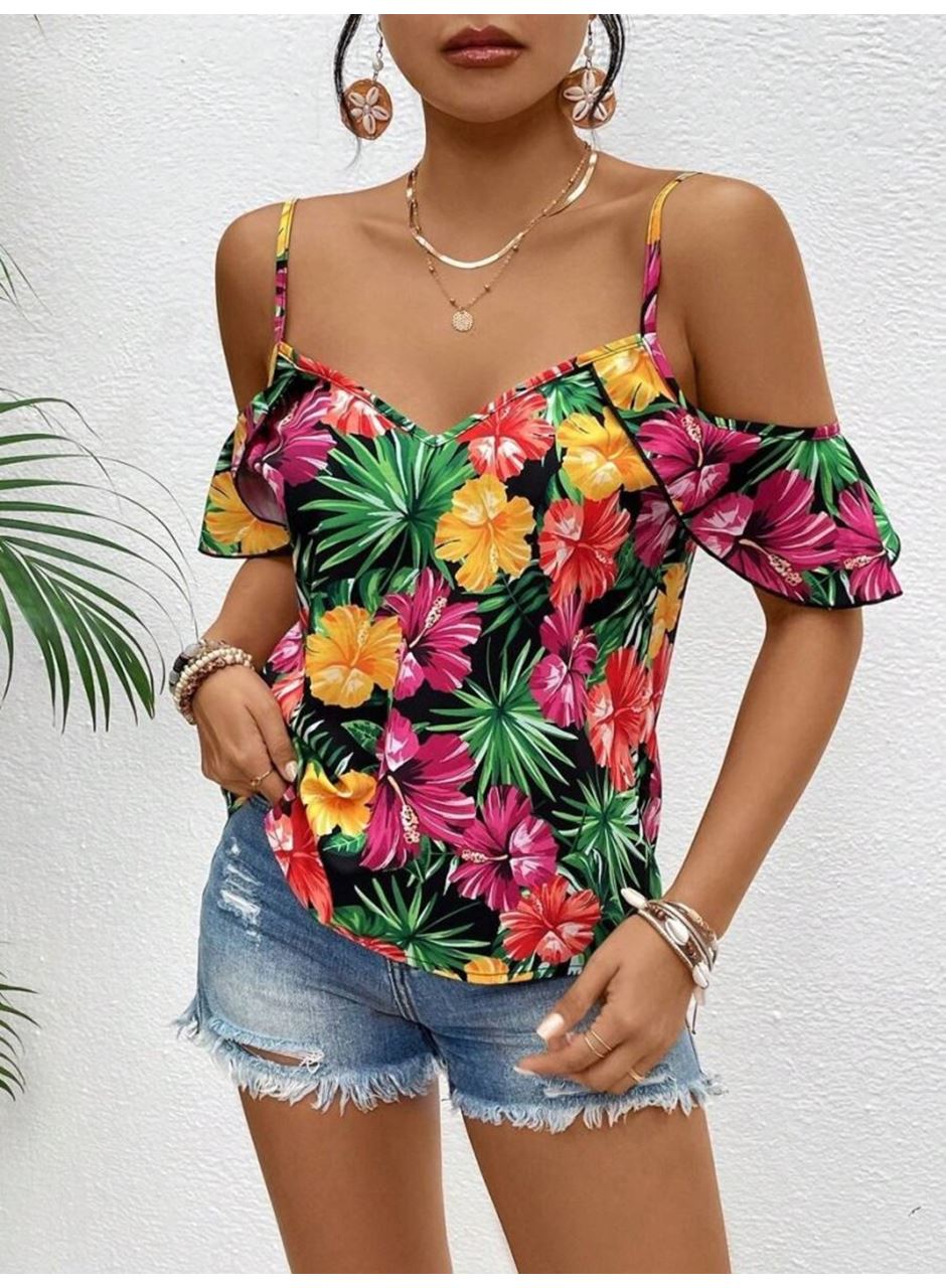 Kadın Askılı Omuzlardan Açık çiçek Baskılı Bluz