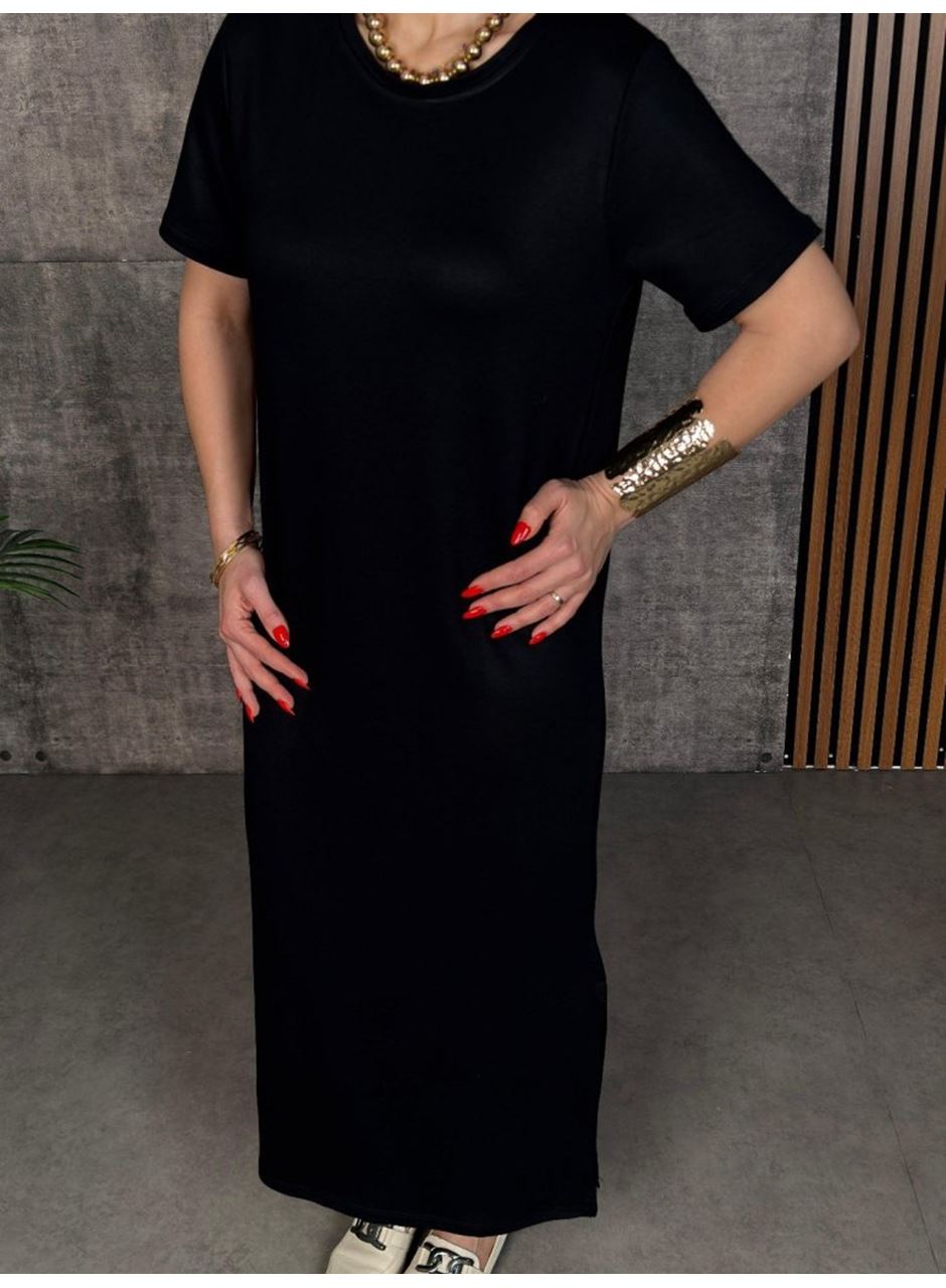 Kadın Kısa Kollu Bisiklet Yaka Yırtmaçlı Viskon Iki Iplik Elbise