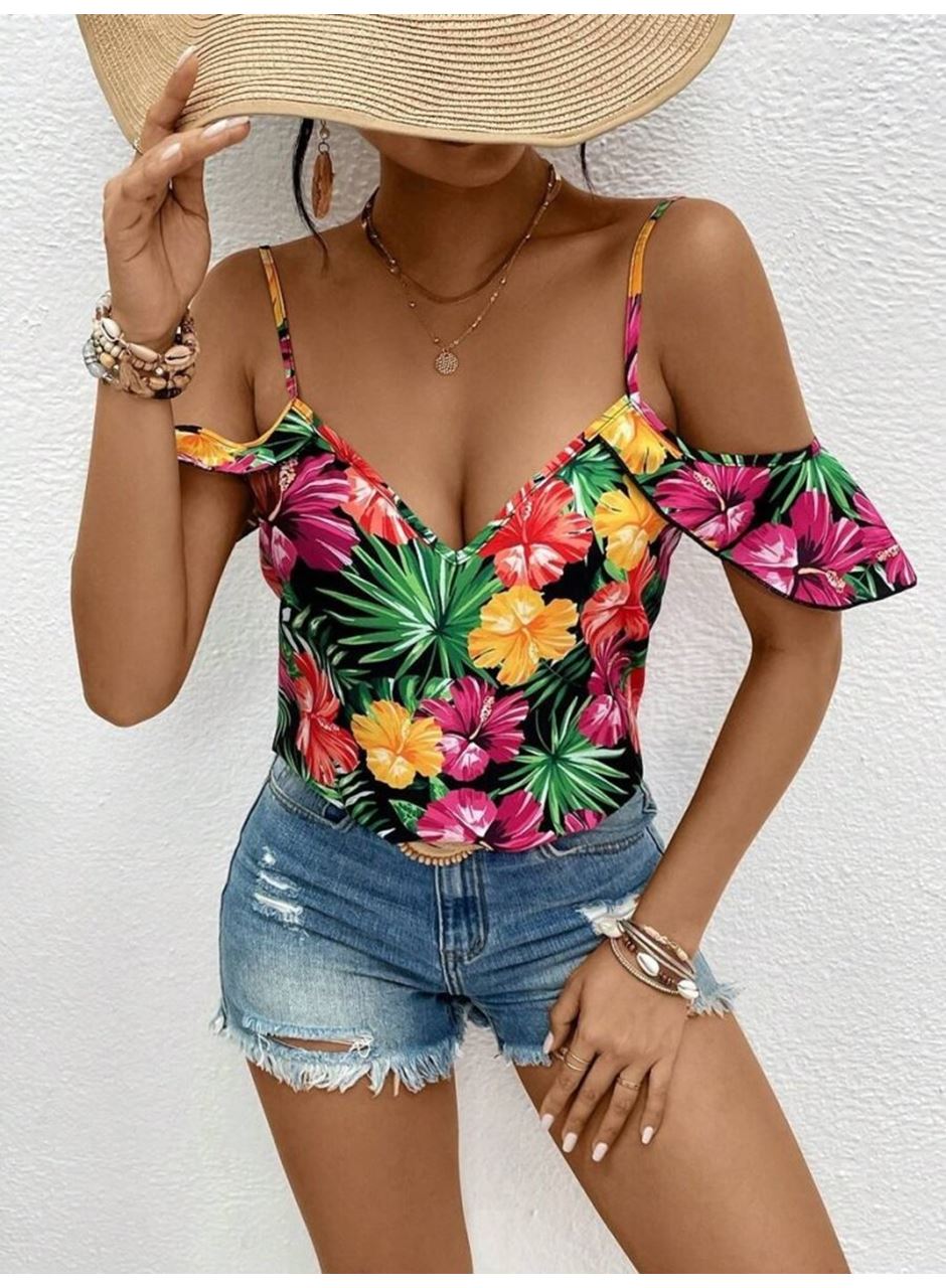 Kadın Askılı Omuzlardan Açık çiçek Baskılı Bluz