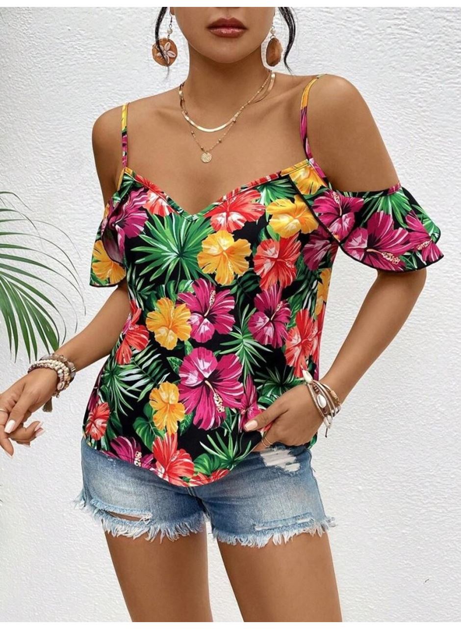 Kadın Askılı Omuzlardan Açık çiçek Baskılı Bluz
