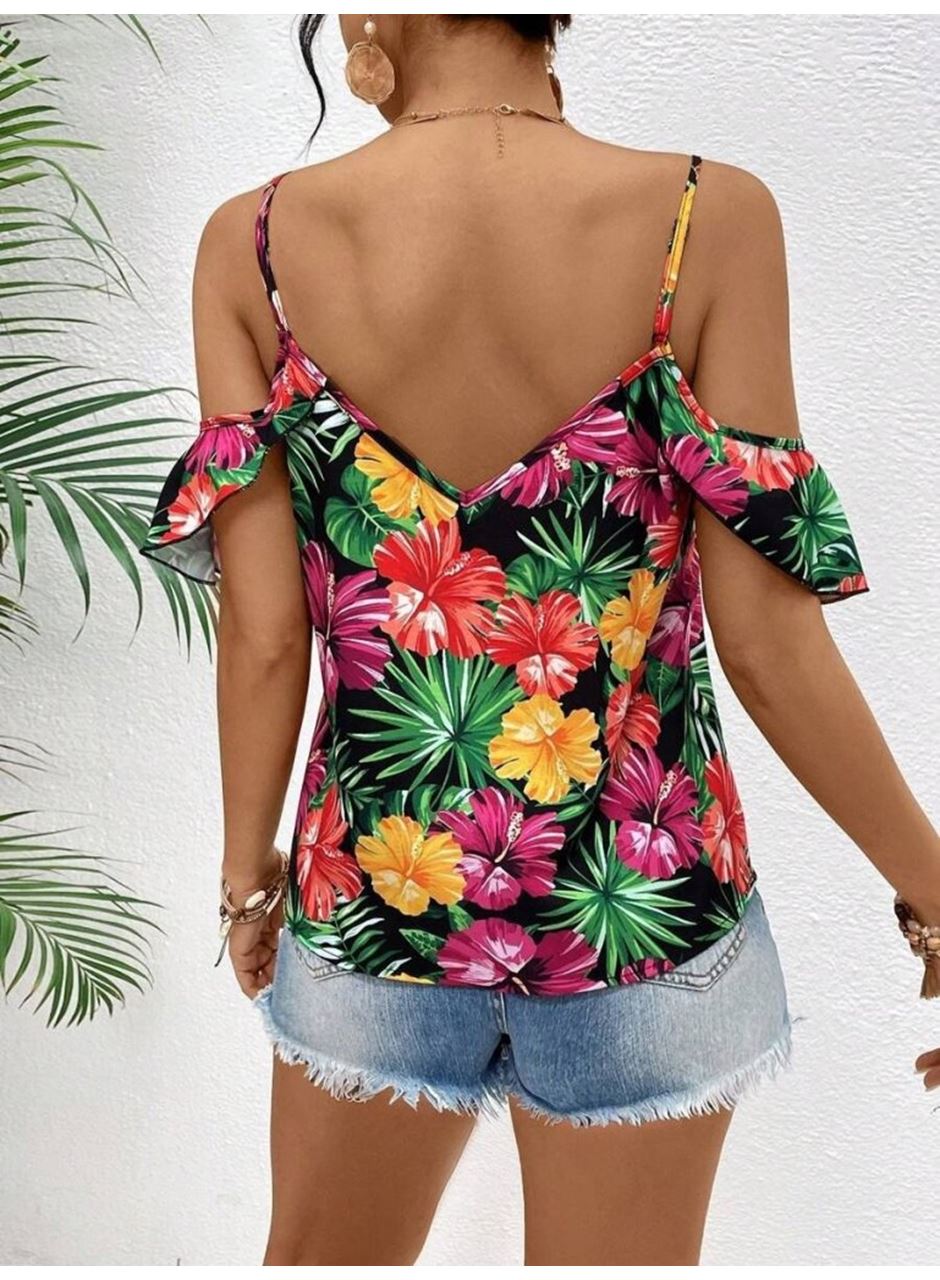Kadın Askılı Omuzlardan Açık çiçek Baskılı Bluz