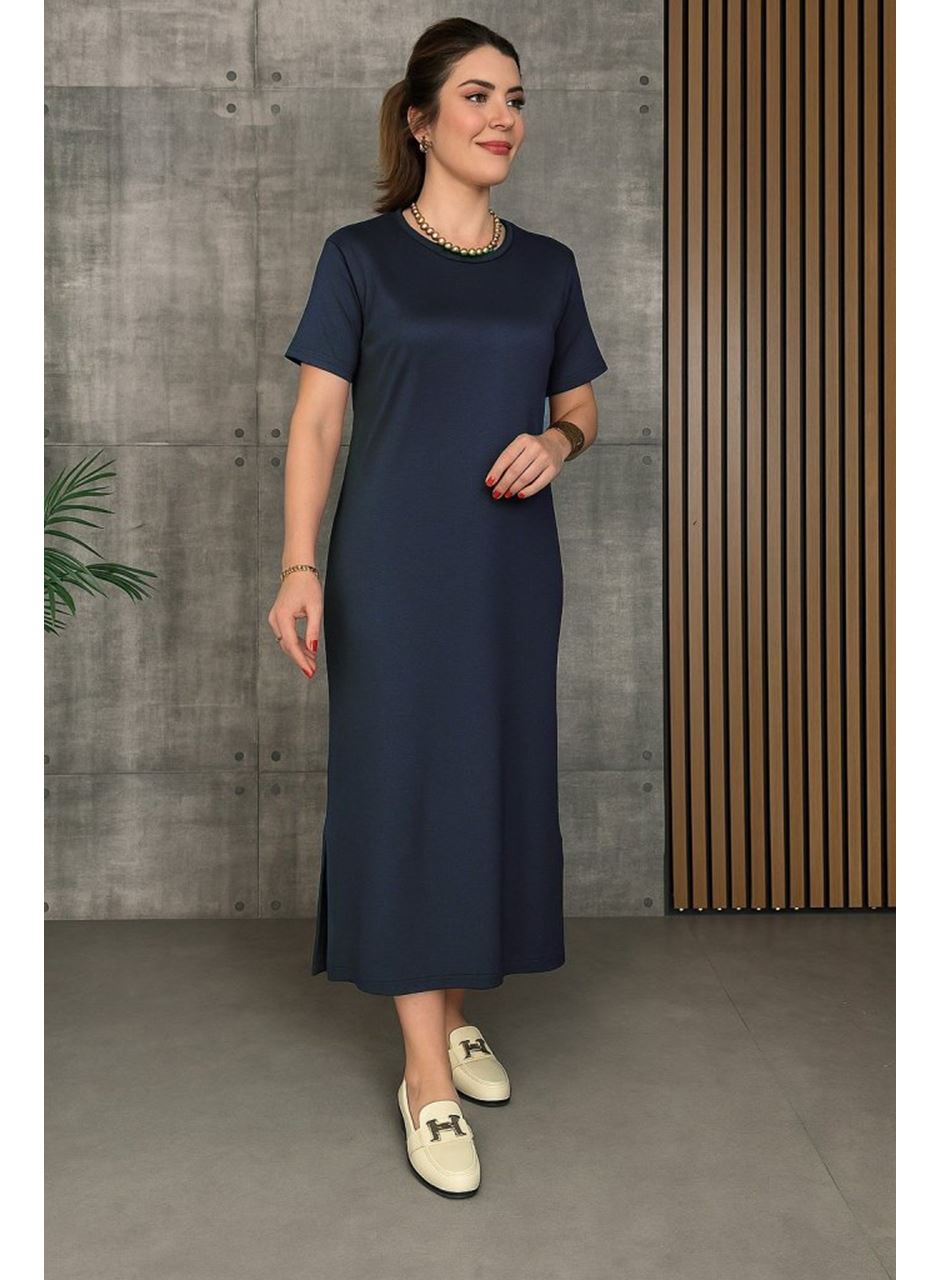 Kadın Kısa Kollu Bisiklet Yaka Yırtmaçlı Viskon Iki Iplik Elbise