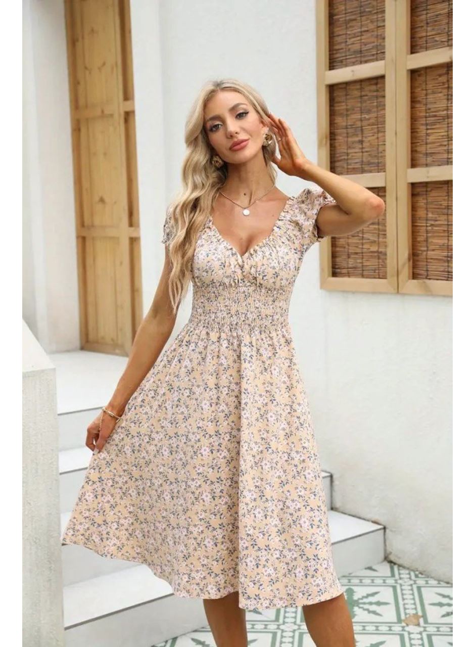 Kadın Kısa Kollu Kruvaze Yaka Lastikli Belden Gipeli çiçek Desenli Suprem Elbise