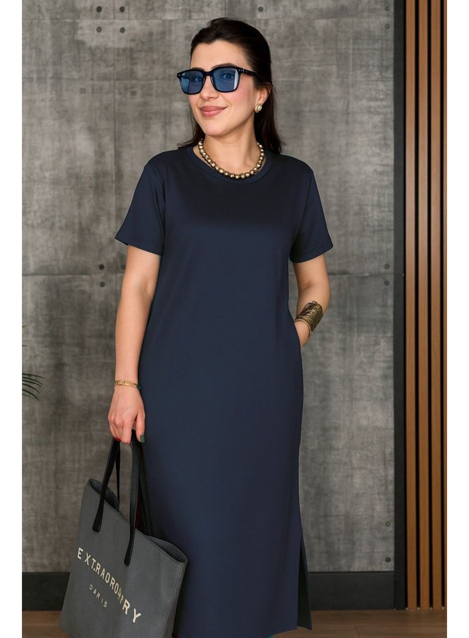 Kadın Kısa Kollu Bisiklet Yaka Yırtmaçlı Viskon Iki Iplik Elbise