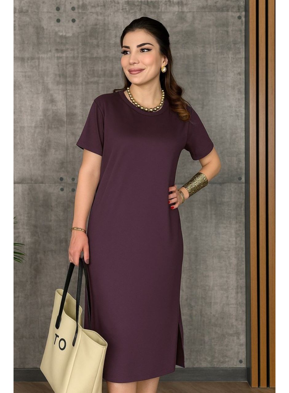 Kadın Kısa Kollu Bisiklet Yaka Yırtmaçlı Viskon Iki Iplik Elbise