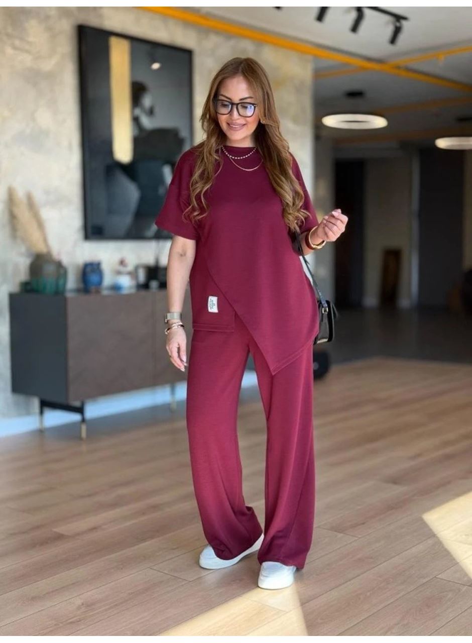 Kadın Kısa Kollu Bisiklet Yaka Asimetrik Viskon Iki Iplik Bluz Ve Pantolon Ikili Takım