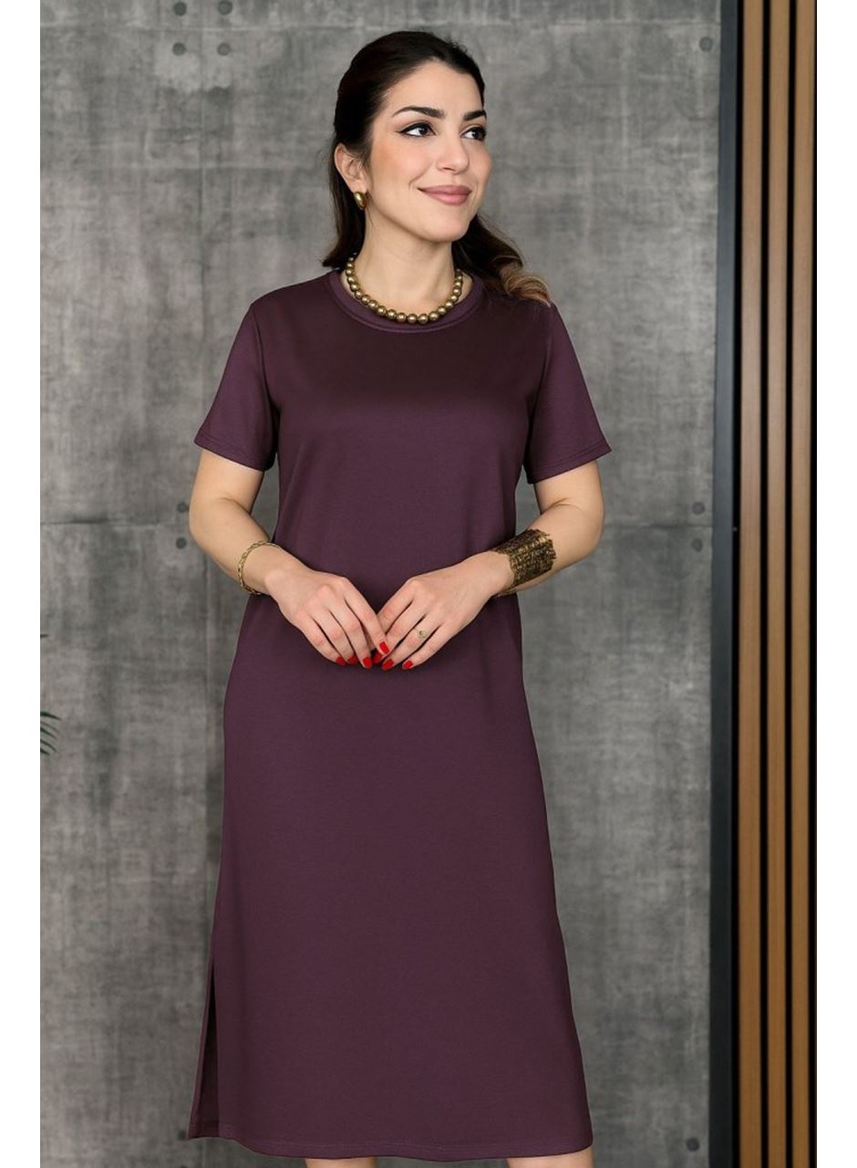 Kadın Kısa Kollu Bisiklet Yaka Yırtmaçlı Viskon Iki Iplik Elbise