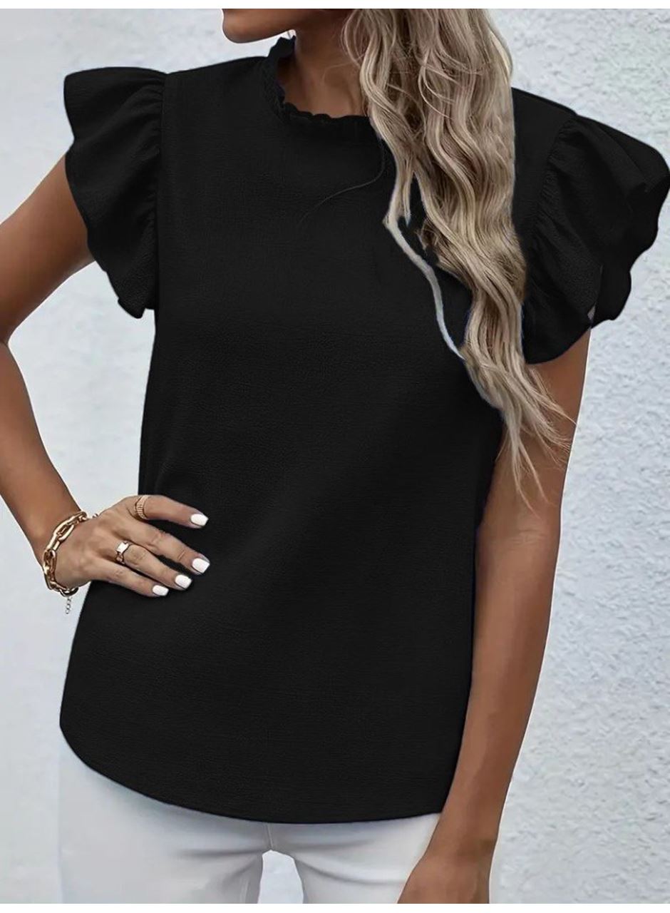 Kadın Kısa Kollu Fırfır Yakalı Bürümcük Bluz