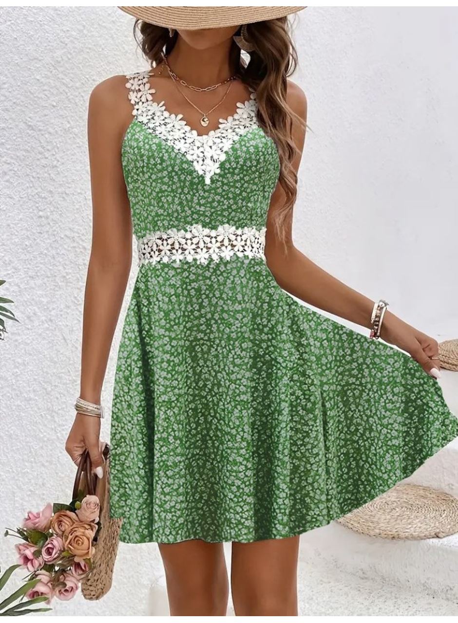 Kadın Askılı Dantel Yakalı çiçek Desenli Süprem Elbise