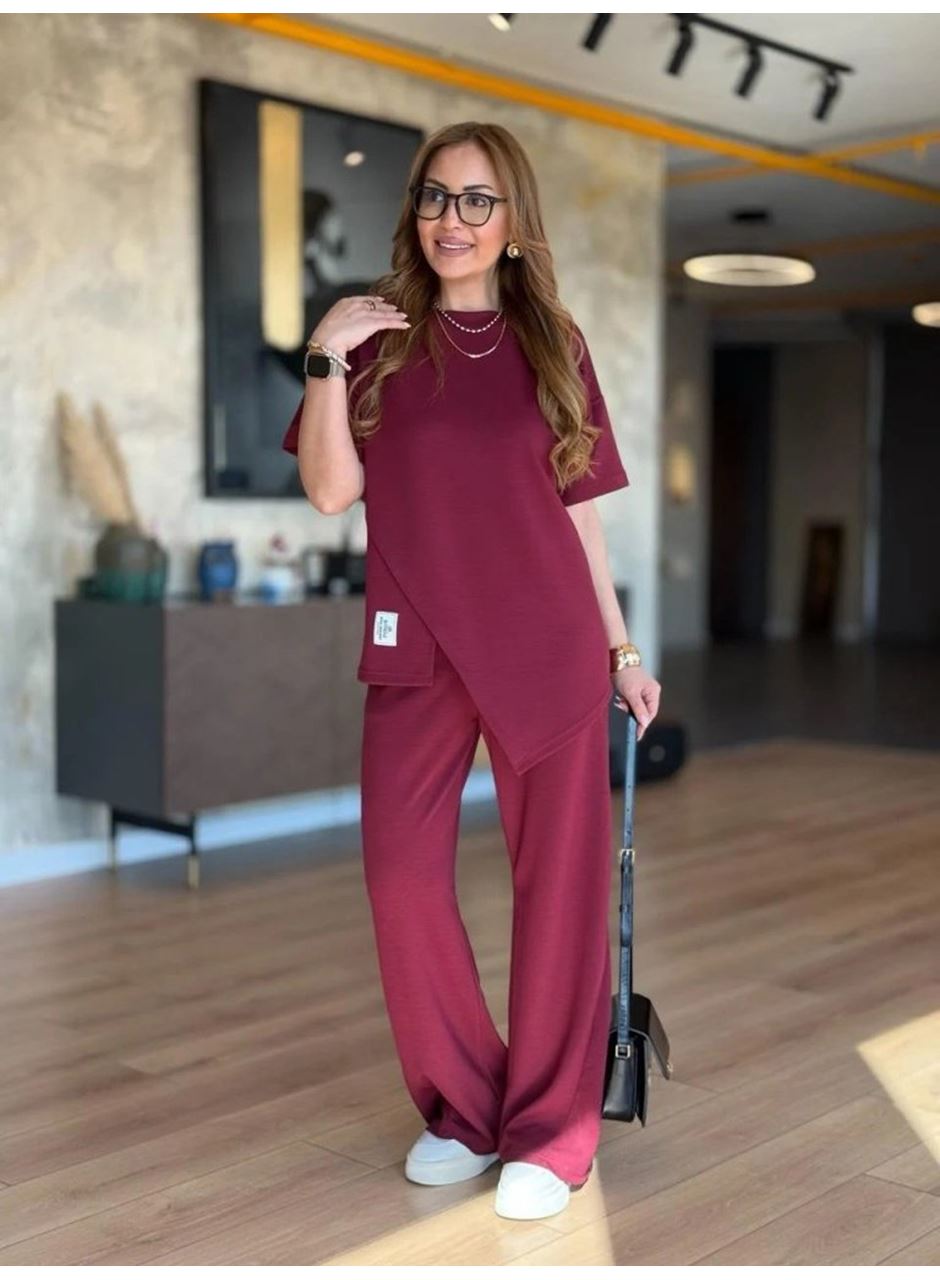 Kadın Kısa Kollu Bisiklet Yaka Asimetrik Viskon Iki Iplik Bluz Ve Pantolon Ikili Takım