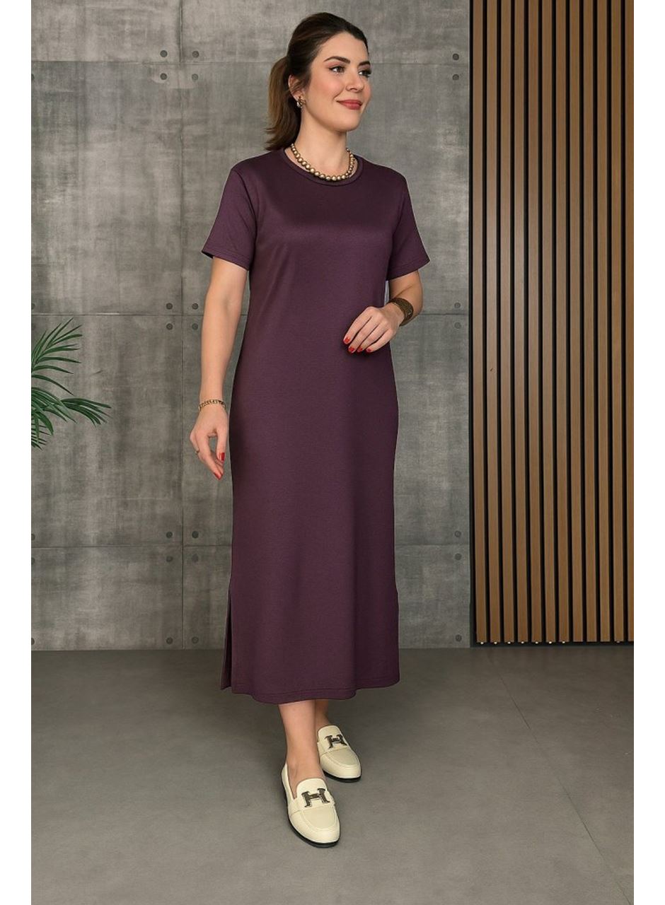 Kadın Kısa Kollu Bisiklet Yaka Yırtmaçlı Viskon Iki Iplik Elbise