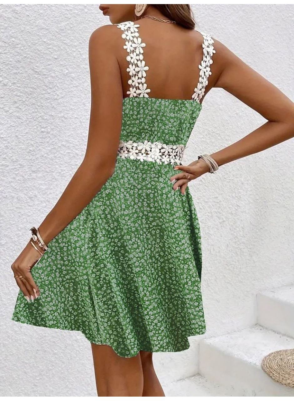 Kadın Askılı Dantel Yakalı çiçek Desenli Süprem Elbise