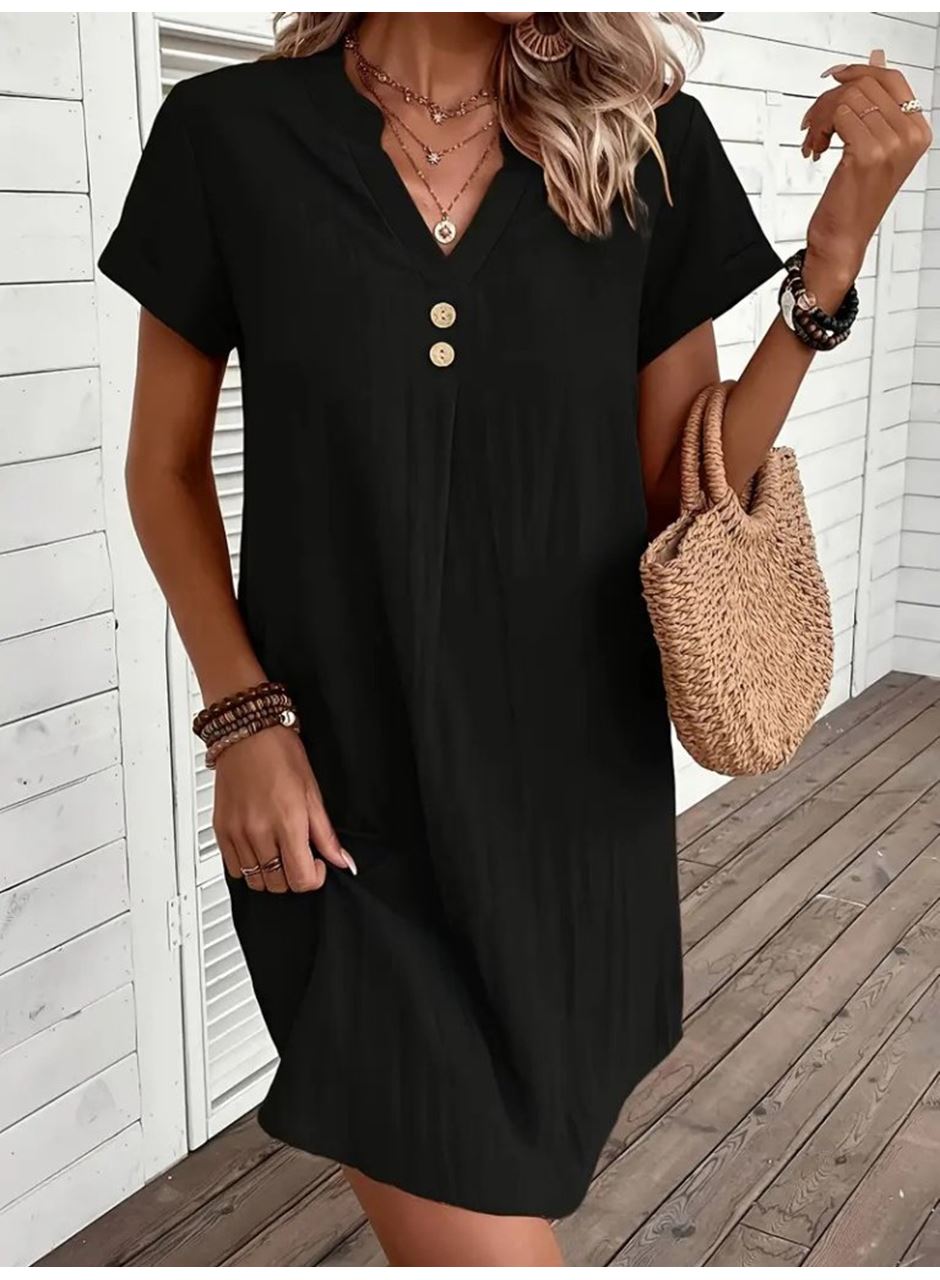 Kadın Kısa Kollu V Yakalı Düğmeli Müslim Kısa Elbise