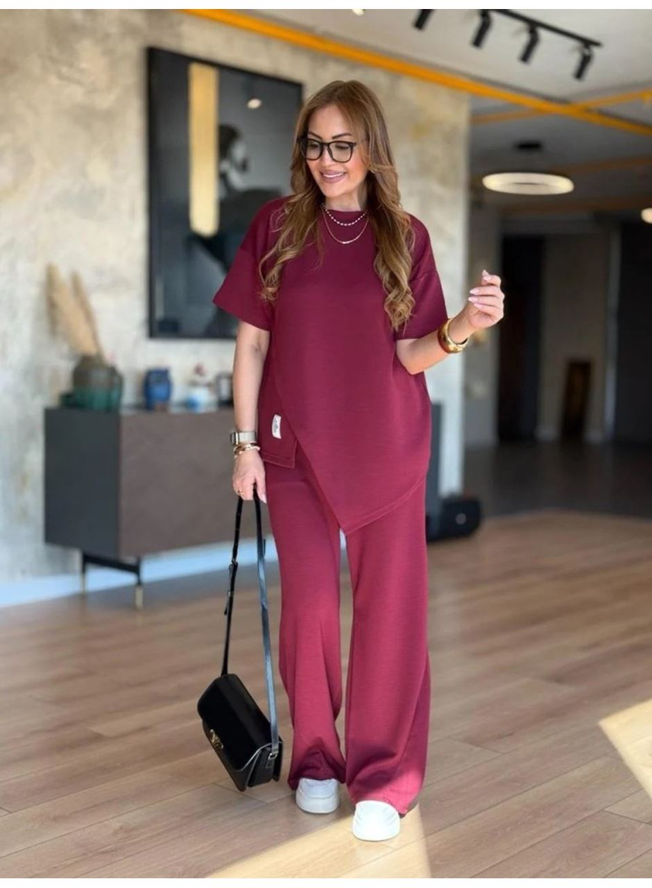 Kadın Kısa Kollu Bisiklet Yaka Asimetrik Viskon Iki Iplik Bluz Ve Pantolon Ikili Takım