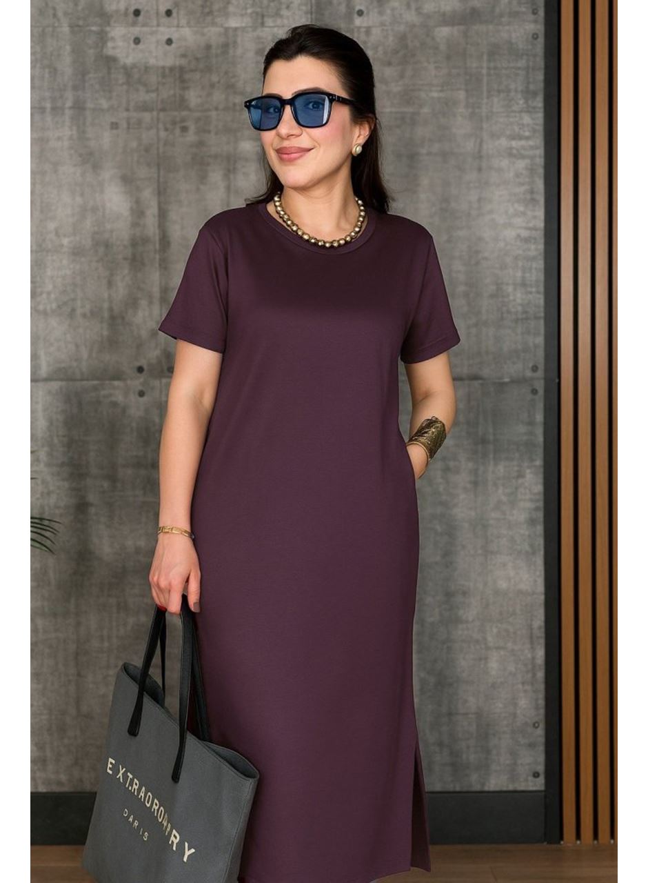 Kadın Kısa Kollu Bisiklet Yaka Yırtmaçlı Viskon Iki Iplik Elbise