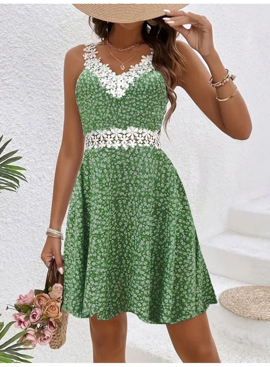 Kadın Askılı Dantel Yakalı çiçek Desenli Süprem Elbise