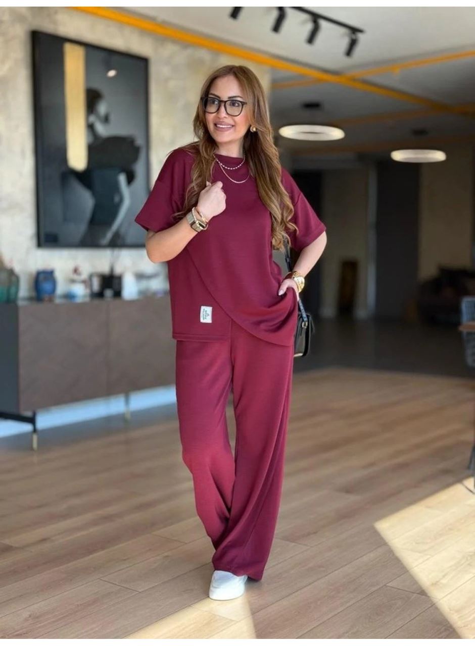 Kadın Kısa Kollu Bisiklet Yaka Asimetrik Viskon Iki Iplik Bluz Ve Pantolon Ikili Takım